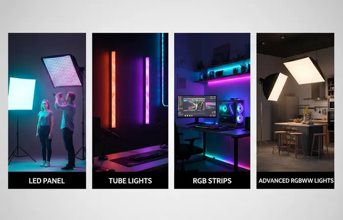 انواع نور RGB برای تولید محتوا (و کدام برای شما بهتر است؟) - نور RGB برای تولید محتوا|آموزش نورپردازی برای تولید محتوا|انواع RGB نورپردازی|راهنمای استفاده از نور RGB در تولید محتوای حرفه ای|نور RGB رنگی برای تولید محتوا