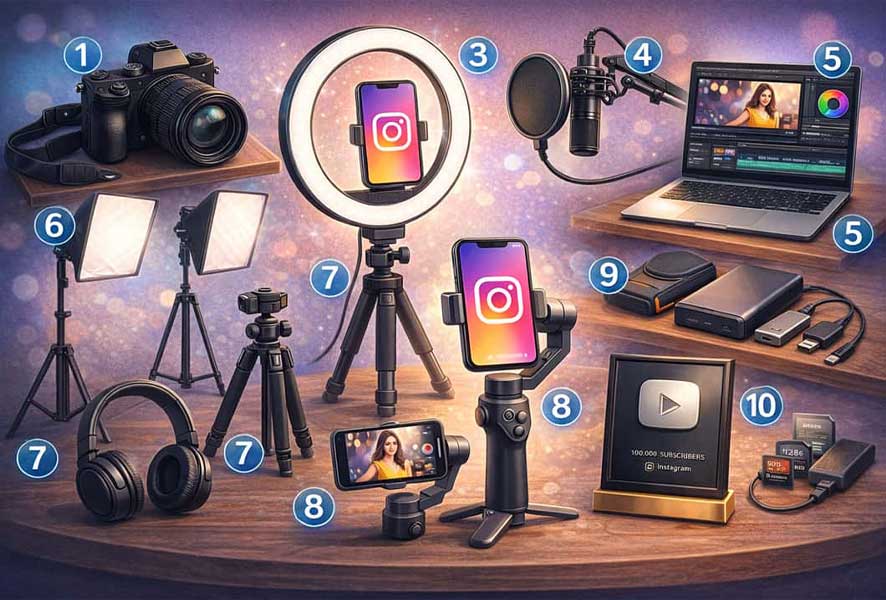 10 تا از مهم‌ترین وسایلی که برای تولید محتوا در اینستاگرام لازم دارید-تولید محتوا در اینستاگرام نیازمند وسایل حرفه‌ای است. با ضروری ترین ابزار شامل دوربین و میکروفون، محتوای جذاب و حرفه‌ای بسازید و صفحه خود را رشد دهید.